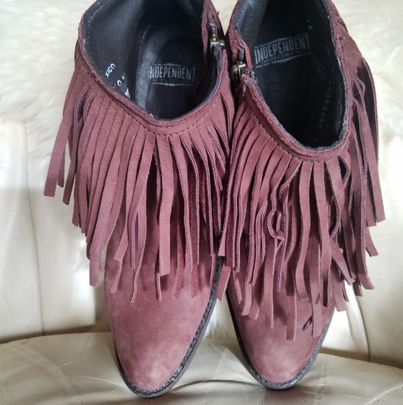 Burgundy wine real leather fringe booties - Picture 4 of 7
